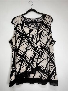 Black and Cream Abstract Print Sleeveless Camisole. Plus Size 3XL